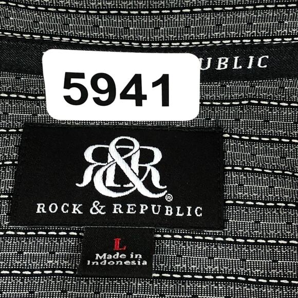 Rock & Republic Men Button Up Shirt Large Gray Striped Long Sleeve Metal Buttons - Picture 12 of 12